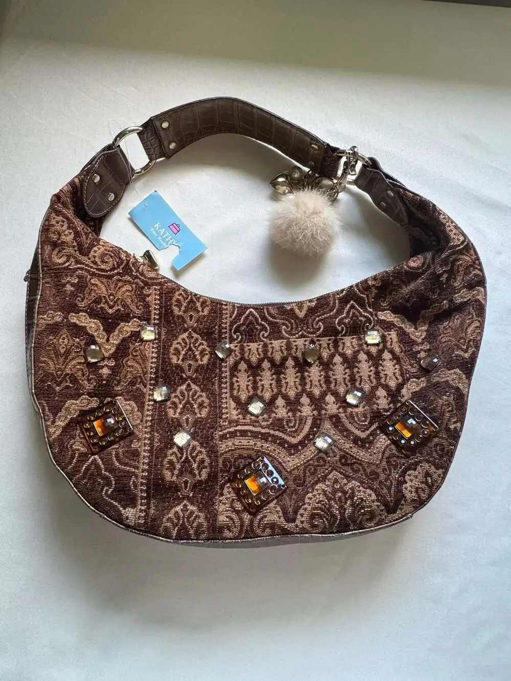 Y2K Tapestry Baguette Hobo Bag Rhinestone Charm Faux Fur Boho Maximalist NWT